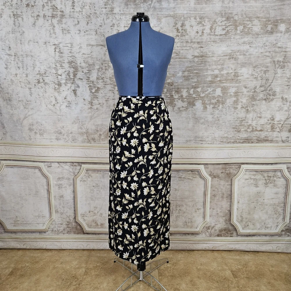 Vintage 1990s Silk Black Floral Maxi Skirt M Column 90s Jones New York Grunge
